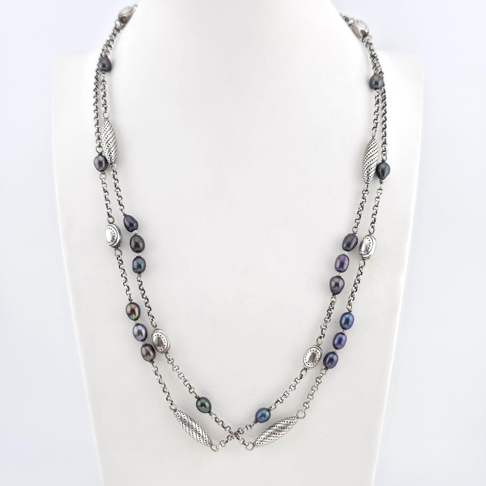 BRIGHTON 'Drema Pearl' Station Necklace Genuine Tahitian Pearl Silver Plate 42"